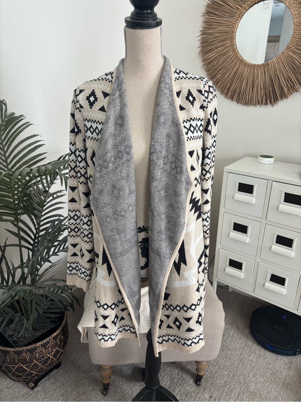 Lucky Brand Aztec Western Open-Front Knit Cardigan Sweater Cream Black Medium